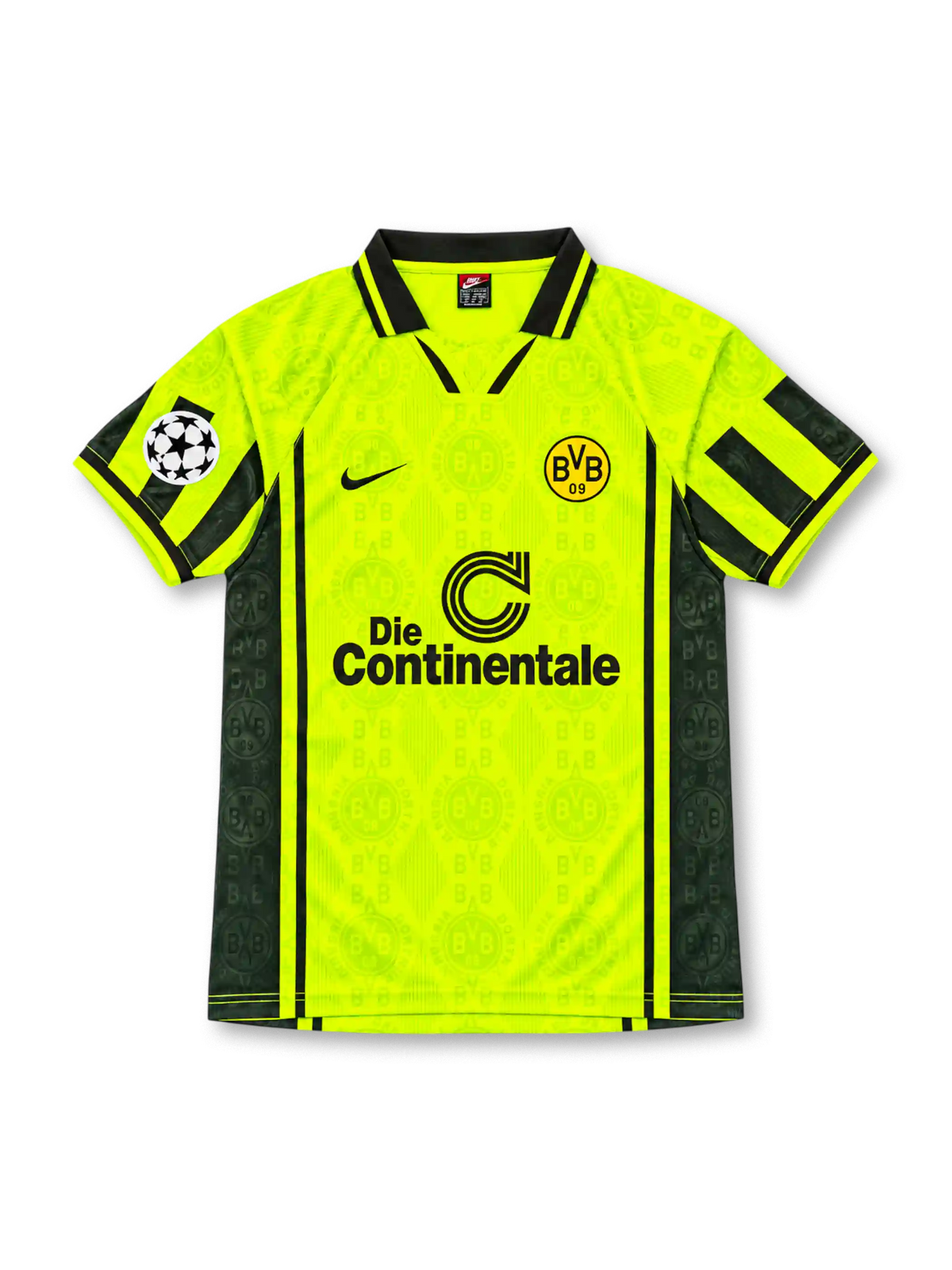 Borussia Dortmund 1996-97 Nike home jersey featuring a fluorescent yellow BVB monogram pattern, black geometric sleeve panels, Die Continentale sponsor and Andreas Möller number 10.