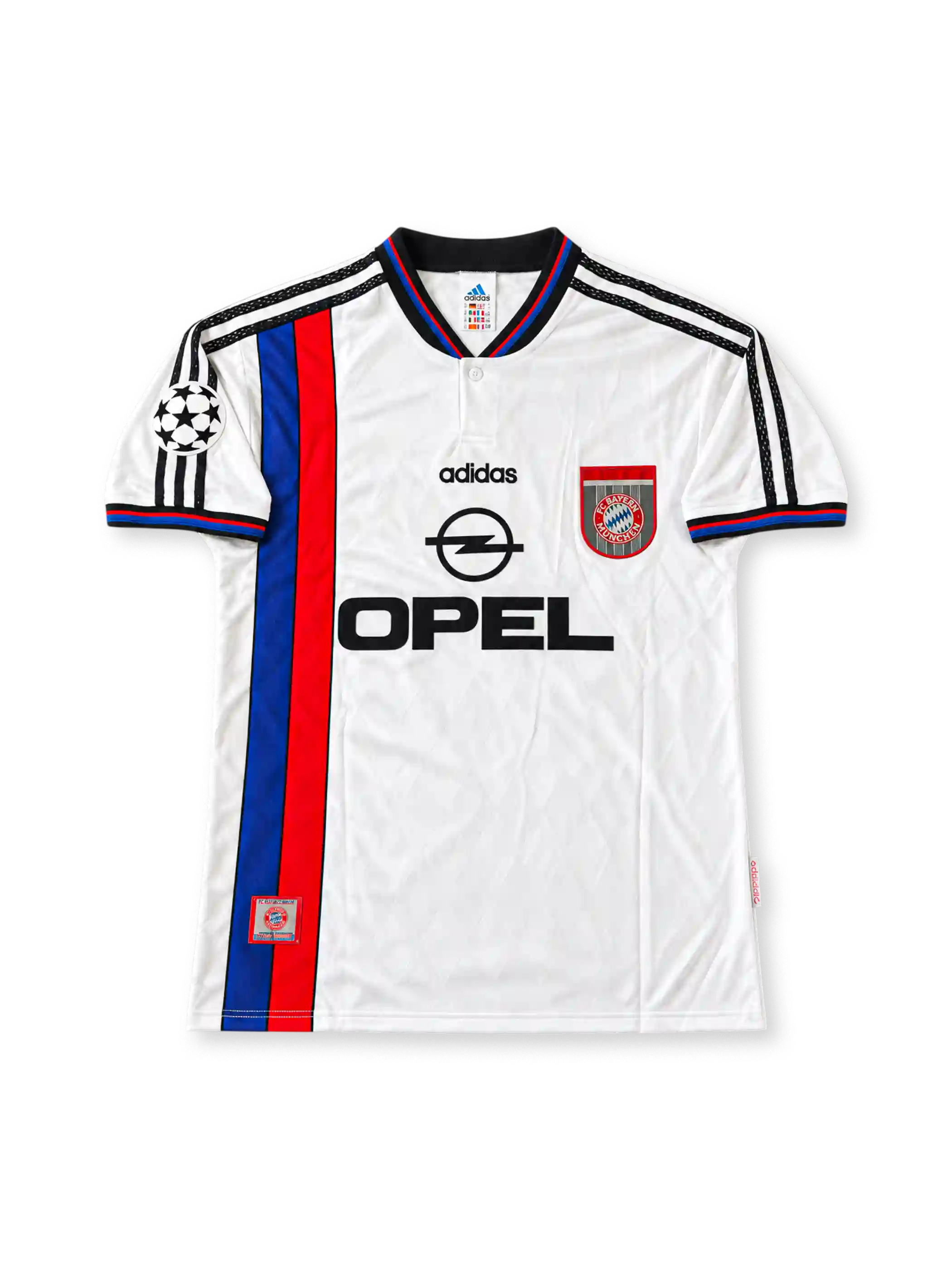 Front view of the Bayern Munich 1996-98 adidas away soccer jersey in white with vertical blue and red stripes, black polo collar, adidas Three Stripes, Opel chest sponsor, club crest, and UEFA Champions League sleeve patch.