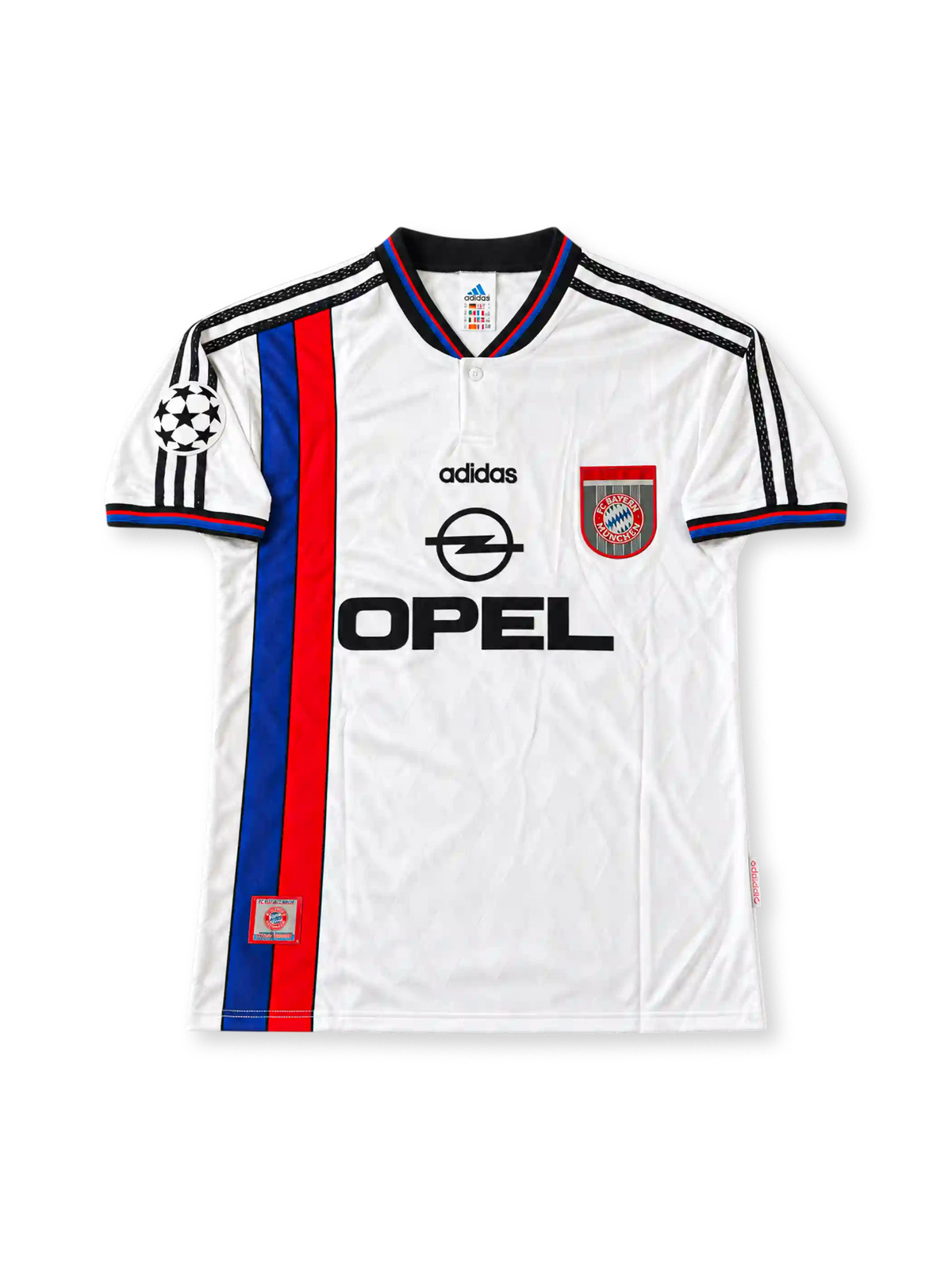 Front view of the Bayern Munich 1996-98 adidas away soccer jersey in white with vertical blue and red stripes, black polo collar, adidas Three Stripes, Opel chest sponsor, club crest, and UEFA Champions League sleeve patch.