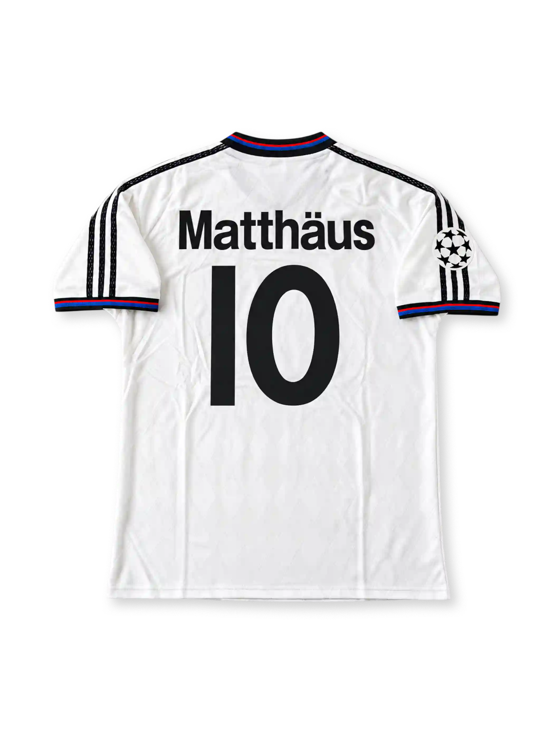 Front view of the Bayern Munich 1996-98 adidas away soccer jersey in white with vertical blue and red stripes, black polo collar, adidas Three Stripes, Opel chest sponsor, club crest, and UEFA Champions League sleeve patch.