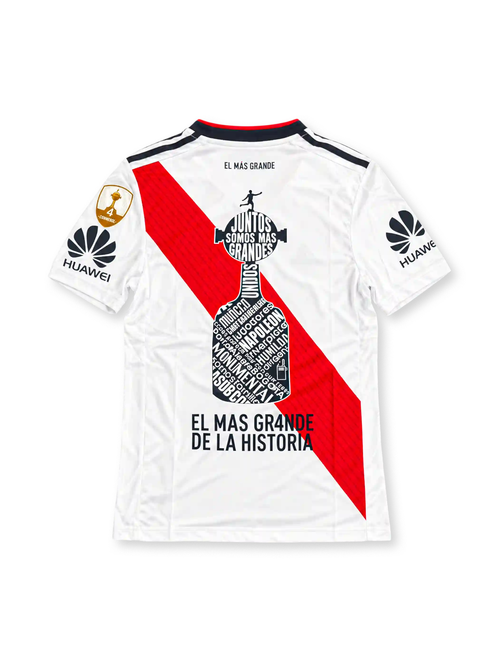 Front view of the River Plate 2019 white adidas home jersey featuring a red diagonal sash, black shoulder stripes, River Plate crest, gold 2018 Copa Libertadores champions chest badge, Huawei sleeve sponsors, and gold CONMEBOL sleeve patch.