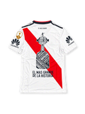 Front view of the River Plate 2019 white adidas home jersey featuring a red diagonal sash, black shoulder stripes, River Plate crest, gold 2018 Copa Libertadores champions chest badge, Huawei sleeve sponsors, and gold CONMEBOL sleeve patch.