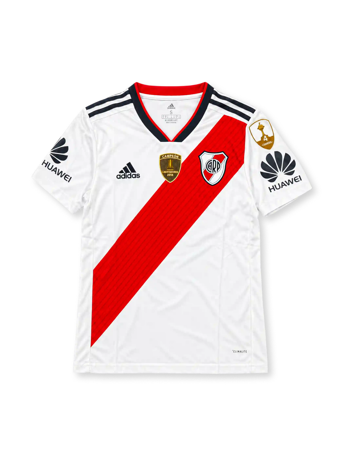 Front view of the River Plate 2019 white adidas home jersey featuring a red diagonal sash, black shoulder stripes, River Plate crest, gold 2018 Copa Libertadores champions chest badge, Huawei sleeve sponsors, and gold CONMEBOL sleeve patch.