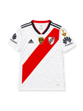 Front view of the River Plate 2019 white adidas home jersey featuring a red diagonal sash, black shoulder stripes, River Plate crest, gold 2018 Copa Libertadores champions chest badge, Huawei sleeve sponsors, and gold CONMEBOL sleeve patch.