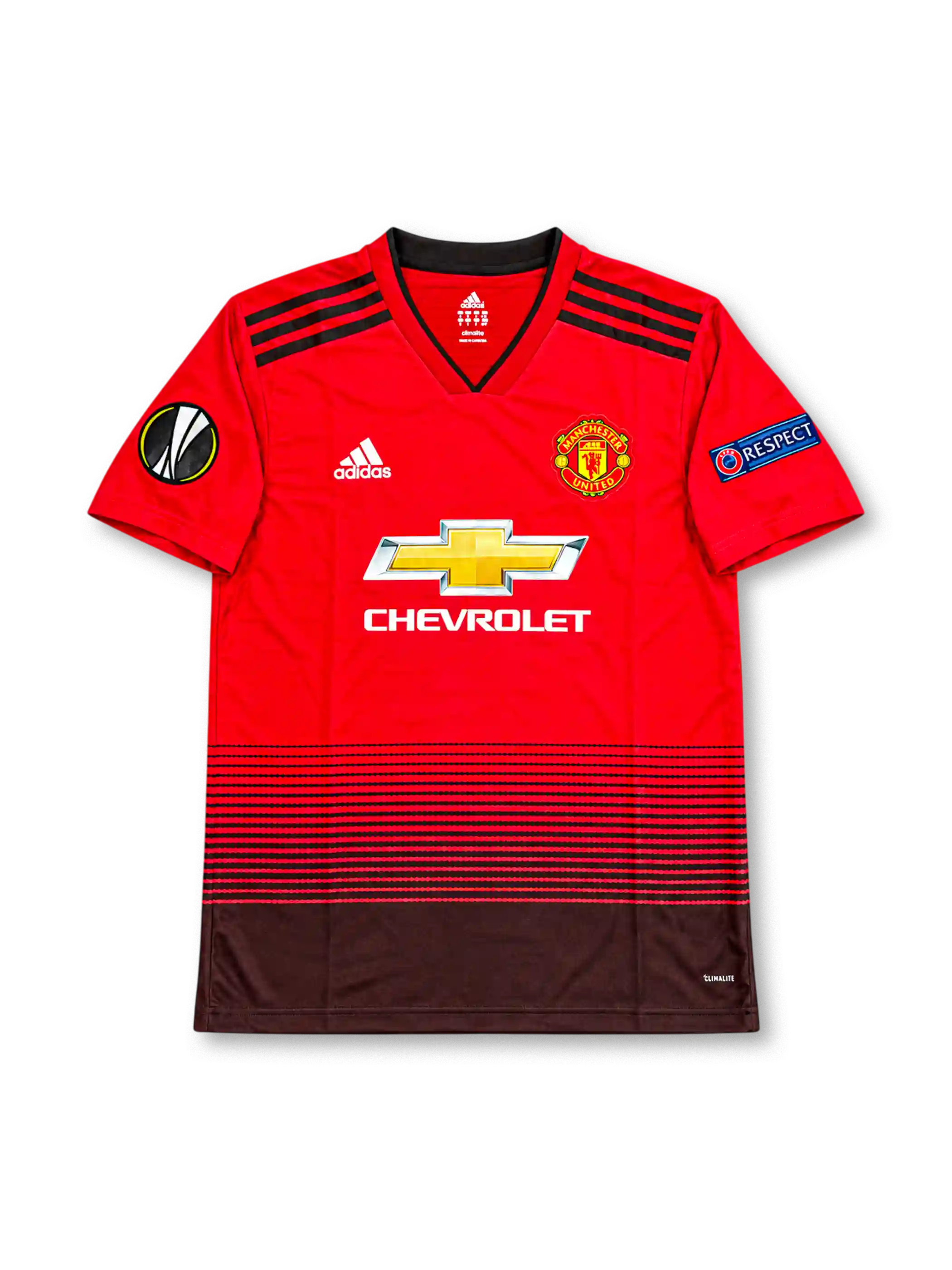 Front view of a Manchester United 2018-19 adidas home soccer jersey with red-to-black horizontal gradient stripes, Chevrolet chest sponsor, Manchester United crest, black shoulder stripes, UEFA Europa League sleeve patch, and blue Respect patch.