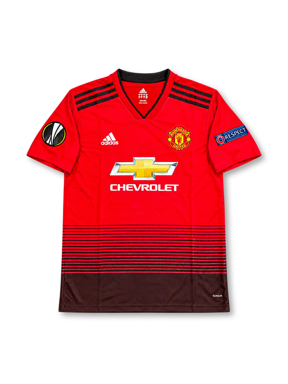 Front view of a Manchester United 2018-19 adidas home soccer jersey with red-to-black horizontal gradient stripes, Chevrolet chest sponsor, Manchester United crest, black shoulder stripes, UEFA Europa League sleeve patch, and blue Respect patch.