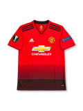 Front view of a Manchester United 2018-19 adidas home soccer jersey with red-to-black horizontal gradient stripes, Chevrolet chest sponsor, Manchester United crest, black shoulder stripes, UEFA Europa League sleeve patch, and blue Respect patch.