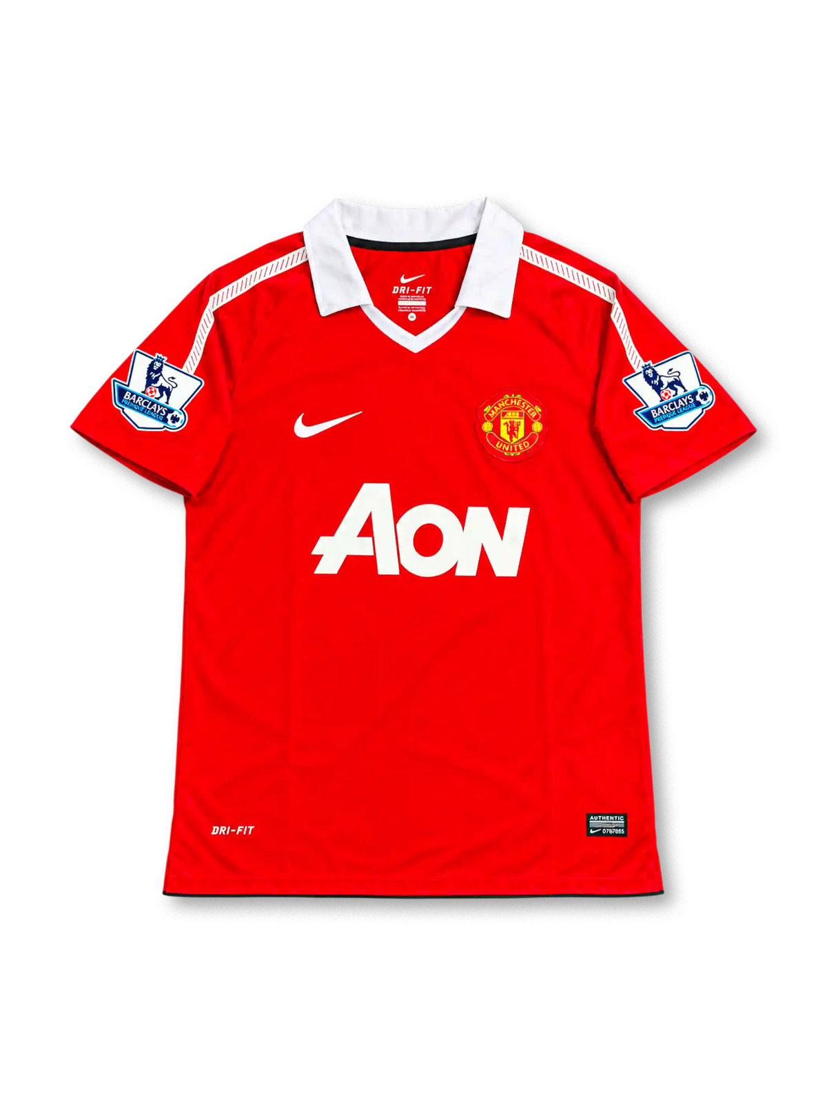 Front view of the Manchester United 2010-11 Nike home soccer jersey in red with a white polo collar, white Nike Swoosh, Manchester United crest, Aon chest sponsor, and Barclays Premier League sleeve patches.