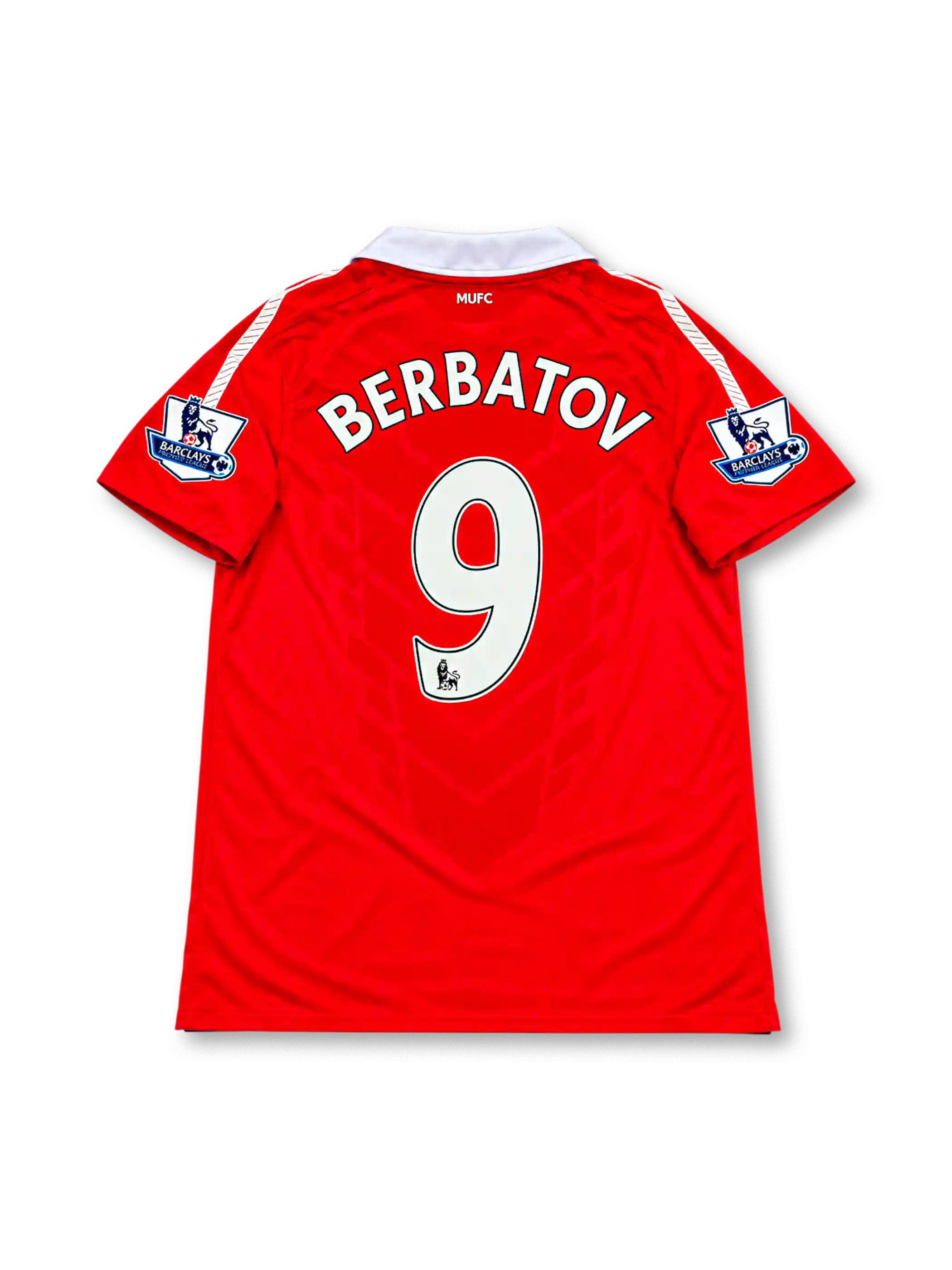 Front view of the Manchester United 2010-11 Nike home soccer jersey in red with a white polo collar, white Nike Swoosh, Manchester United crest, Aon chest sponsor, and Barclays Premier League sleeve patches.