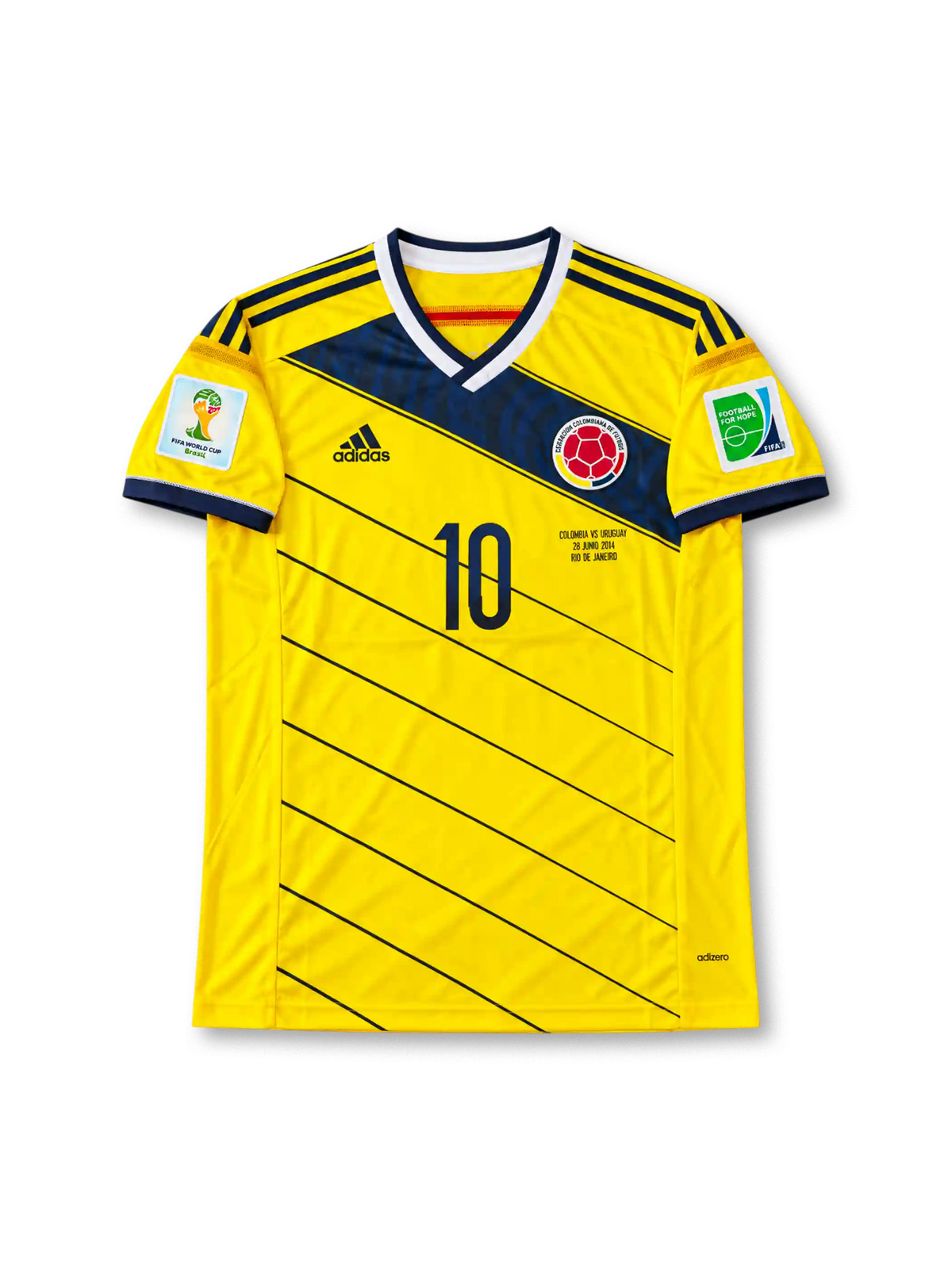 Front view of Colombia's 2014 World Cup yellow adidas home jersey featuring navy diagonal stripes, number 10, national team crest, Colombia vs Uruguay June 28 match lettering, and FIFA World Cup sleeve patches.