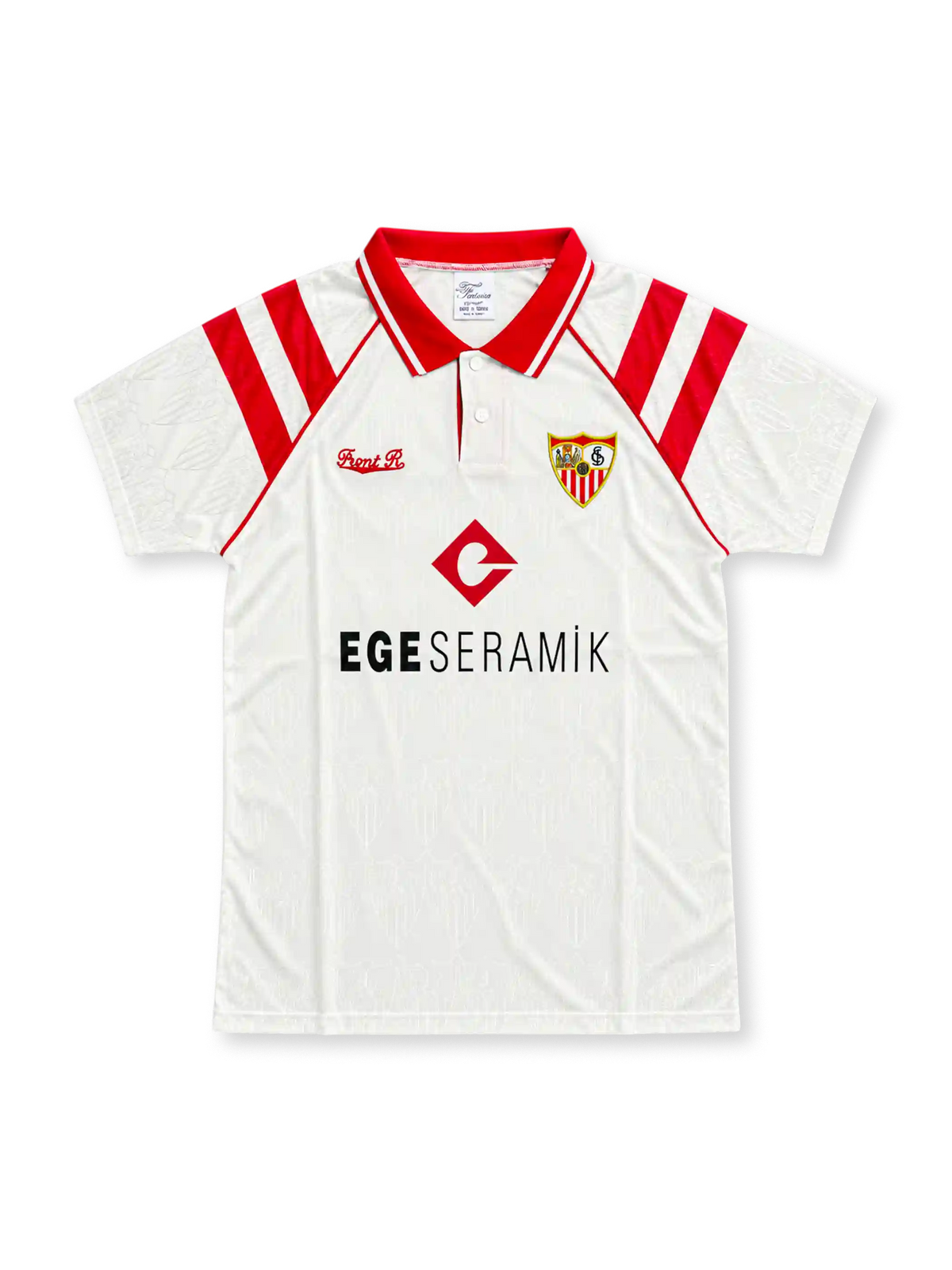 Front view of the Sevilla FC 1992-93 white home jersey featuring red shoulder stripes, a red polo collar, embroidered club crest, red chest logo, and EGE SERAMIK sponsor.