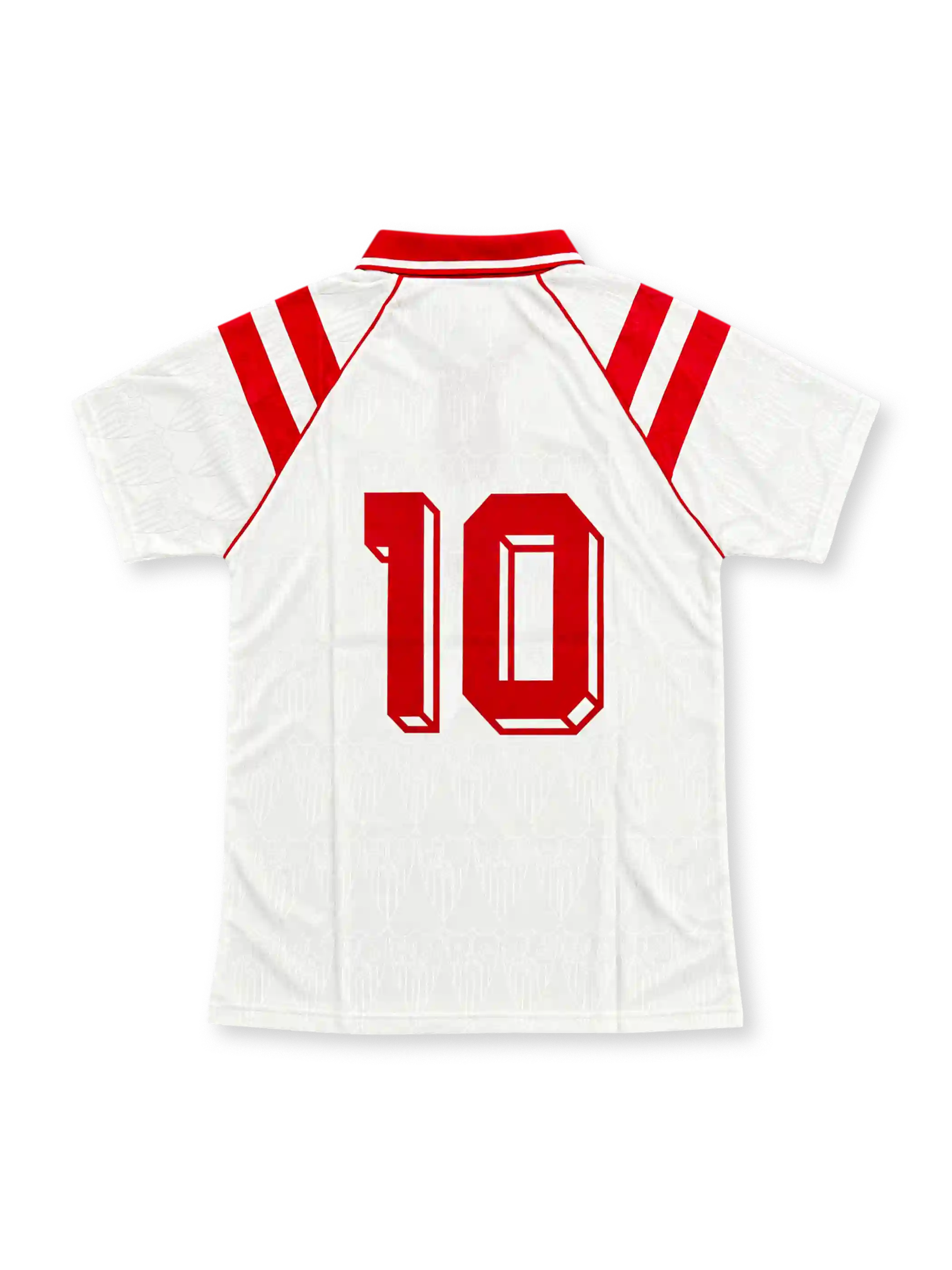 Front view of the Sevilla FC 1992-93 white home jersey featuring red shoulder stripes, a red polo collar, embroidered club crest, red chest logo, and EGE SERAMIK sponsor.