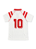 Front view of the Sevilla FC 1992-93 white home jersey featuring red shoulder stripes, a red polo collar, embroidered club crest, red chest logo, and EGE SERAMIK sponsor.