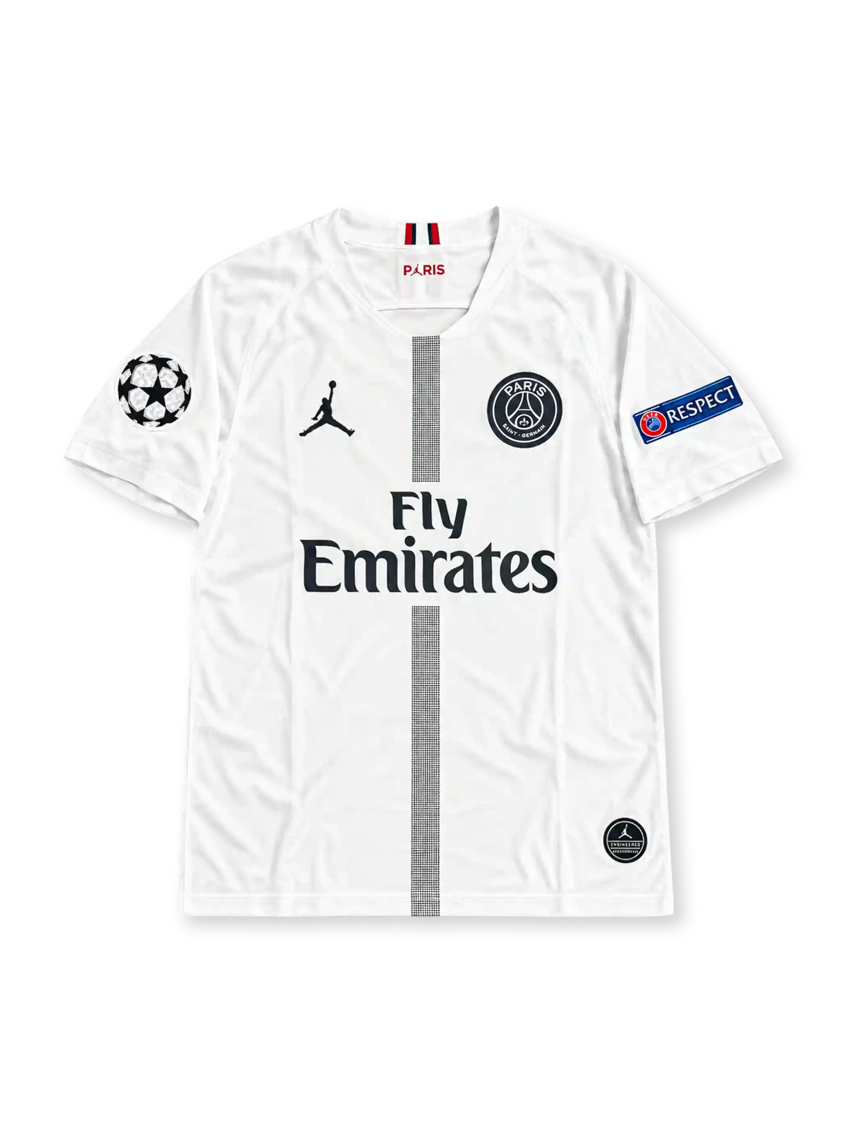 Front view of the Paris Saint-Germain 2018-19 Champions League away jersey featuring Ángel Di María #11, white fabric, black central textured stripe, Jordan Jumpman logo, monochrome PSG crest and Fly Emirates sponsor.