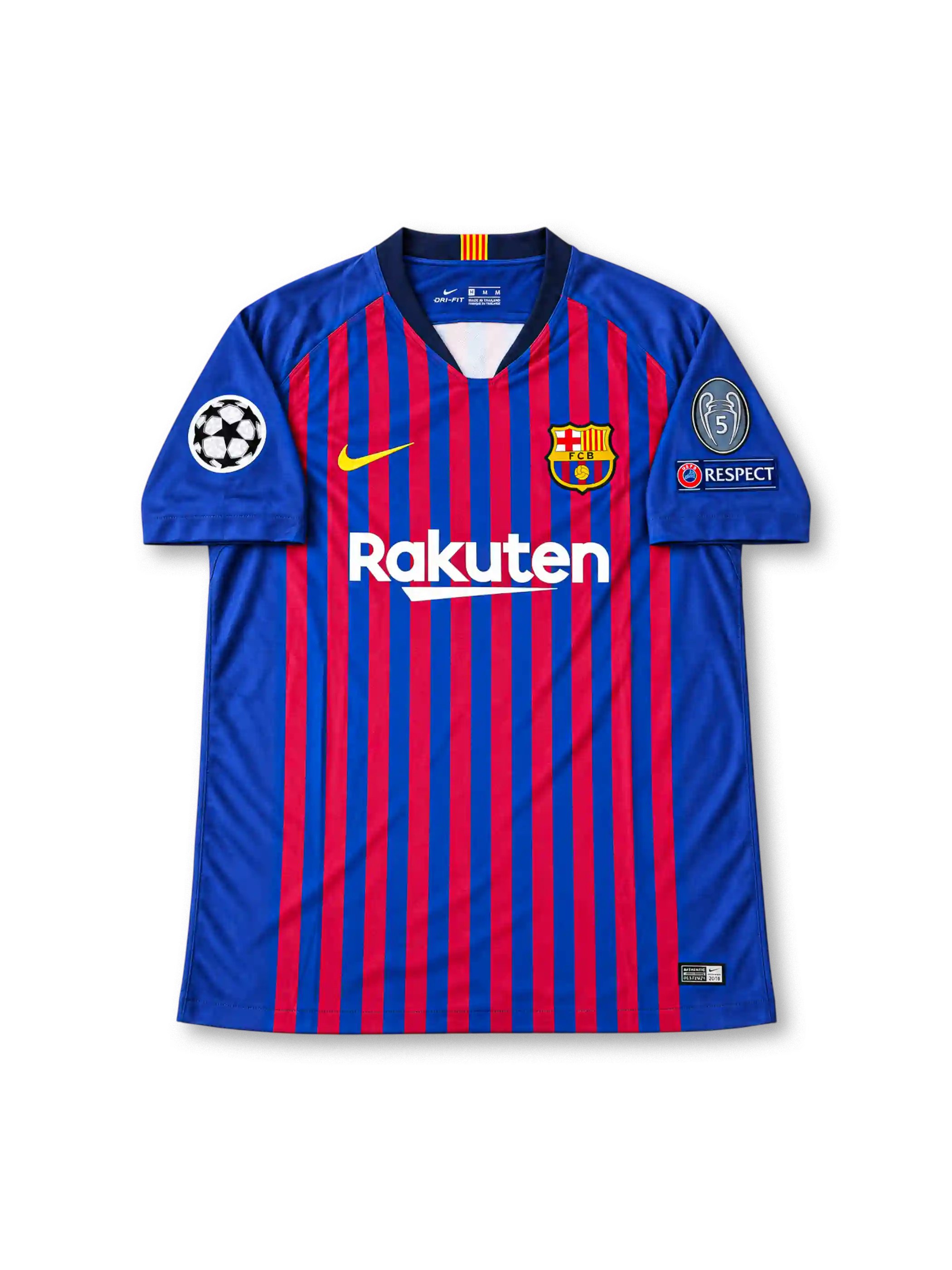 FC Barcelona 2018-19 home jersey featuring blue and garnet vertical stripes, yellow Nike Swoosh, Rakuten sponsor, club crest and Lionel Messi number 10.