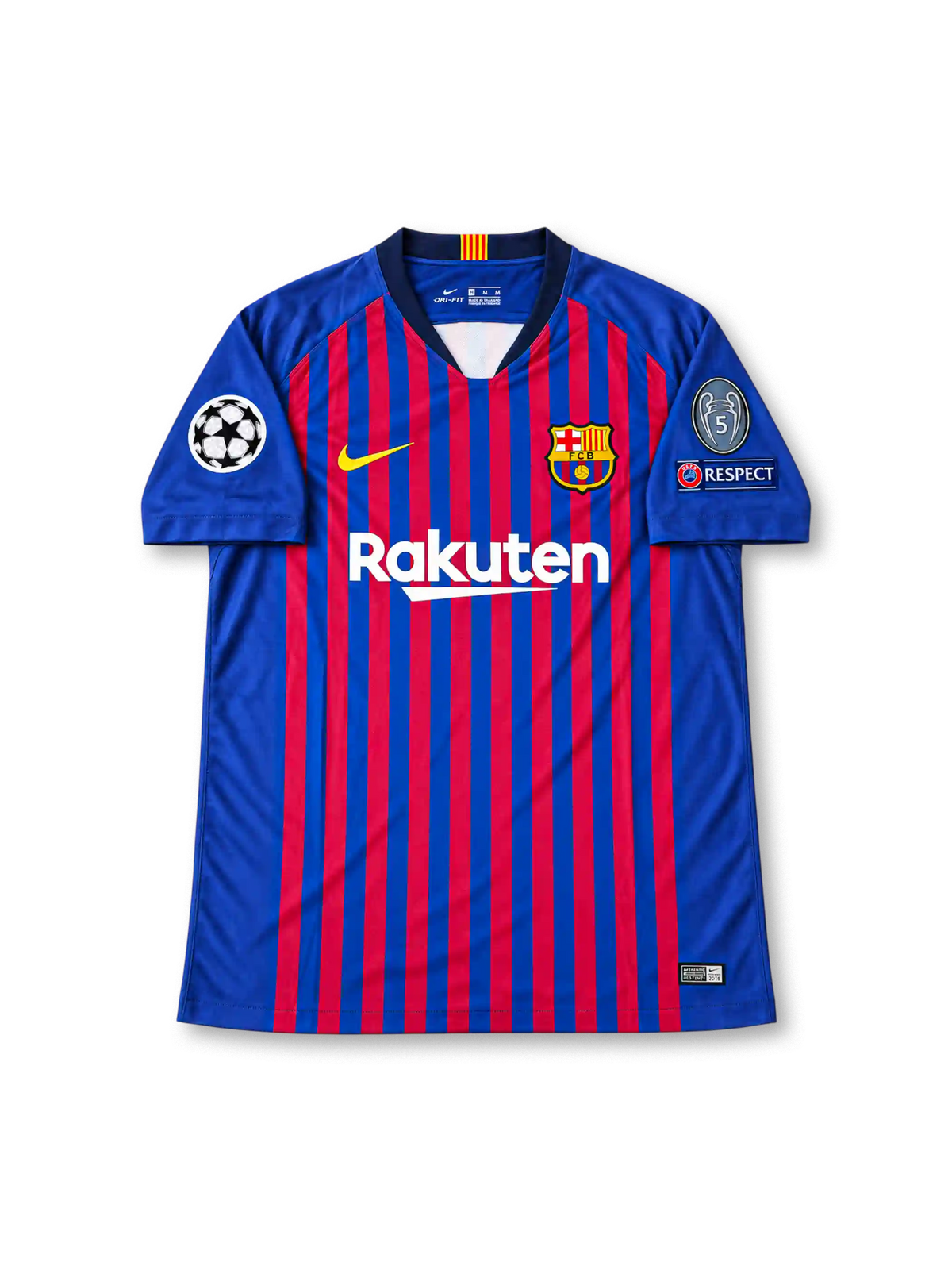 FC Barcelona 2018-19 home jersey featuring blue and garnet vertical stripes, yellow Nike Swoosh, Rakuten sponsor, club crest and Lionel Messi number 10.