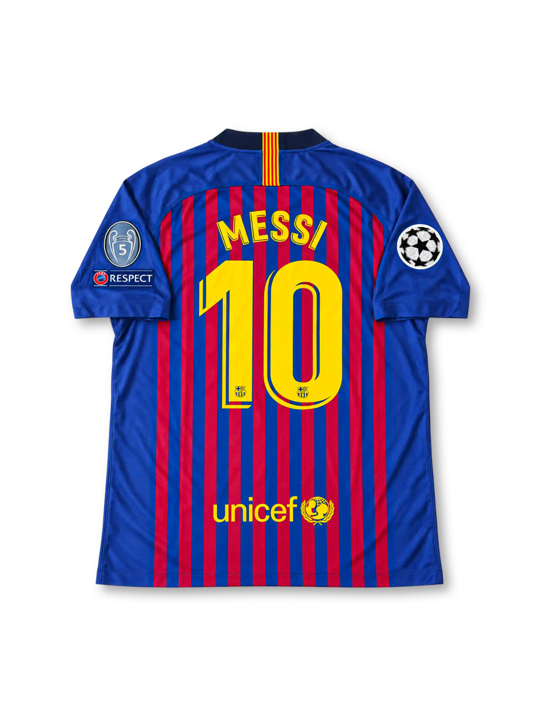 FC Barcelona 2018-19 home jersey featuring blue and garnet vertical stripes, yellow Nike Swoosh, Rakuten sponsor, club crest and Lionel Messi number 10.