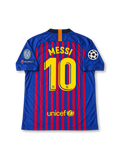 FC Barcelona 2018-19 home jersey featuring blue and garnet vertical stripes, yellow Nike Swoosh, Rakuten sponsor, club crest and Lionel Messi number 10.