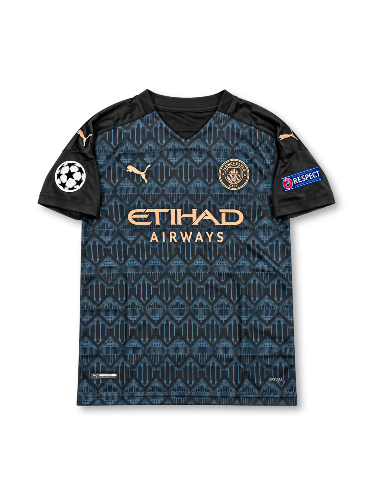 Manchester City 2020-21 dark navy and black PUMA away jersey featuring a geometric pattern, copper-colored club crest, PUMA logos, Etihad Airways sponsor and Sergio Aguero number 10.