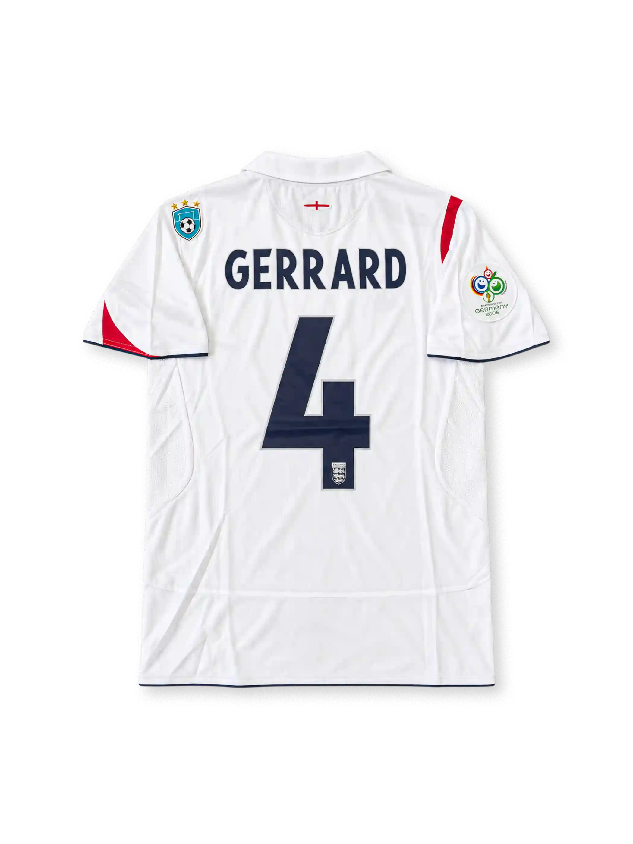 England 2005-07 white Umbro home jersey featuring asymmetric red St George's Cross detailing, navy trim, Three Lions crest, Germany 2006 World Cup sleeve patch and Steven Gerrard number 4.