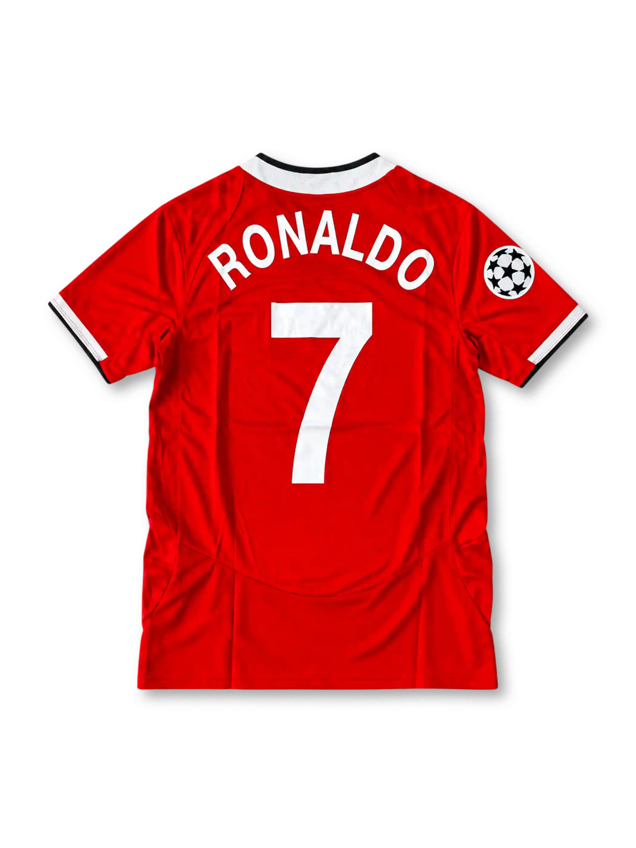 Manchester United 2004-06 red Nike Total 90 home jersey featuring white shoulder panels, black collar trim, club crest, Vodafone sponsor and Champions League starball sleeve patch.