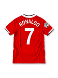 Manchester United 2004-06 red Nike Total 90 home jersey featuring white shoulder panels, black collar trim, club crest, Vodafone sponsor and Champions League starball sleeve patch.