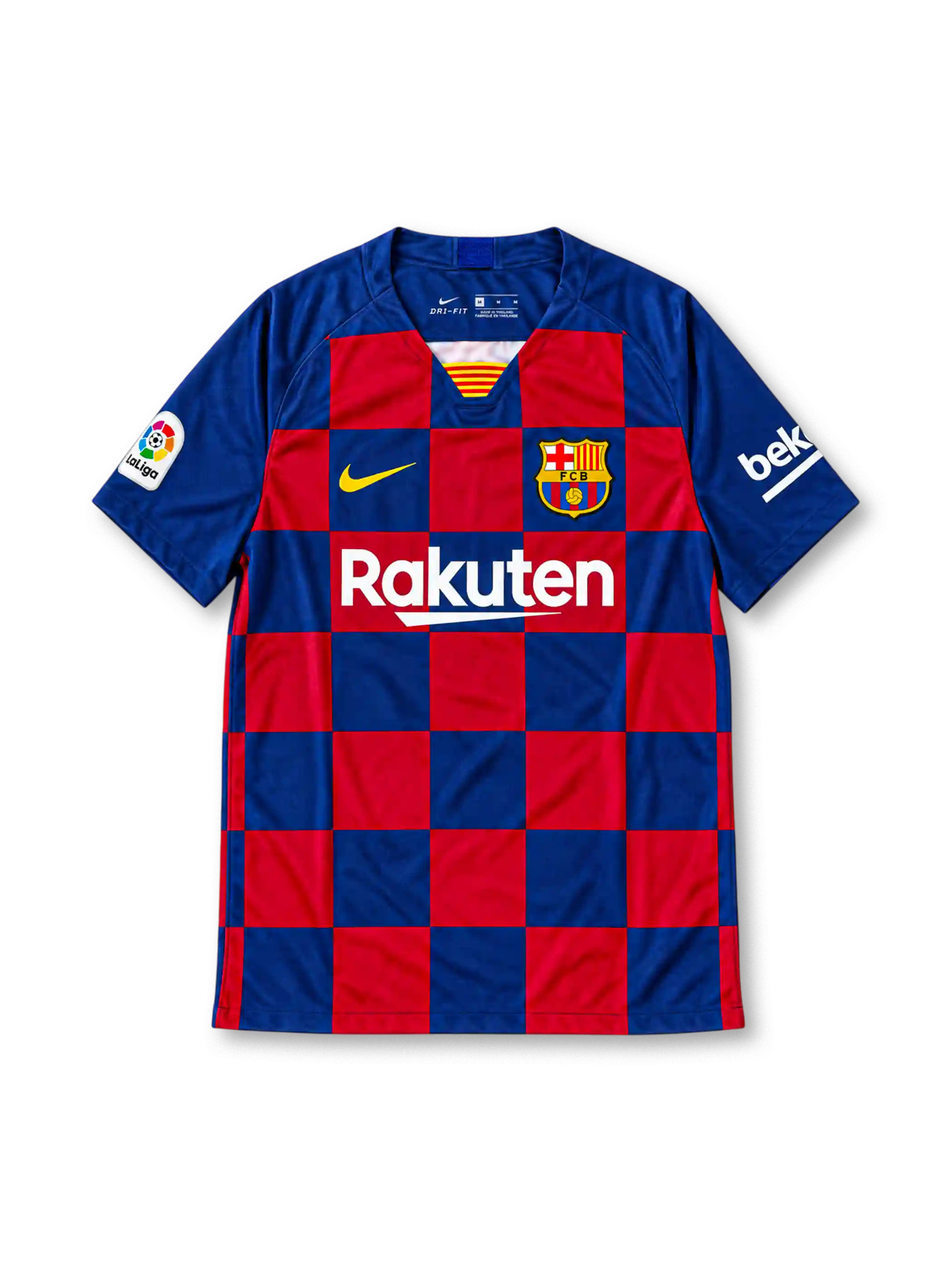 FC Barcelona 2019-20 red and blue checkerboard Nike home jersey featuring the yellow Swoosh, club crest, Rakuten front sponsor, Beko sleeve branding and La Liga patch.