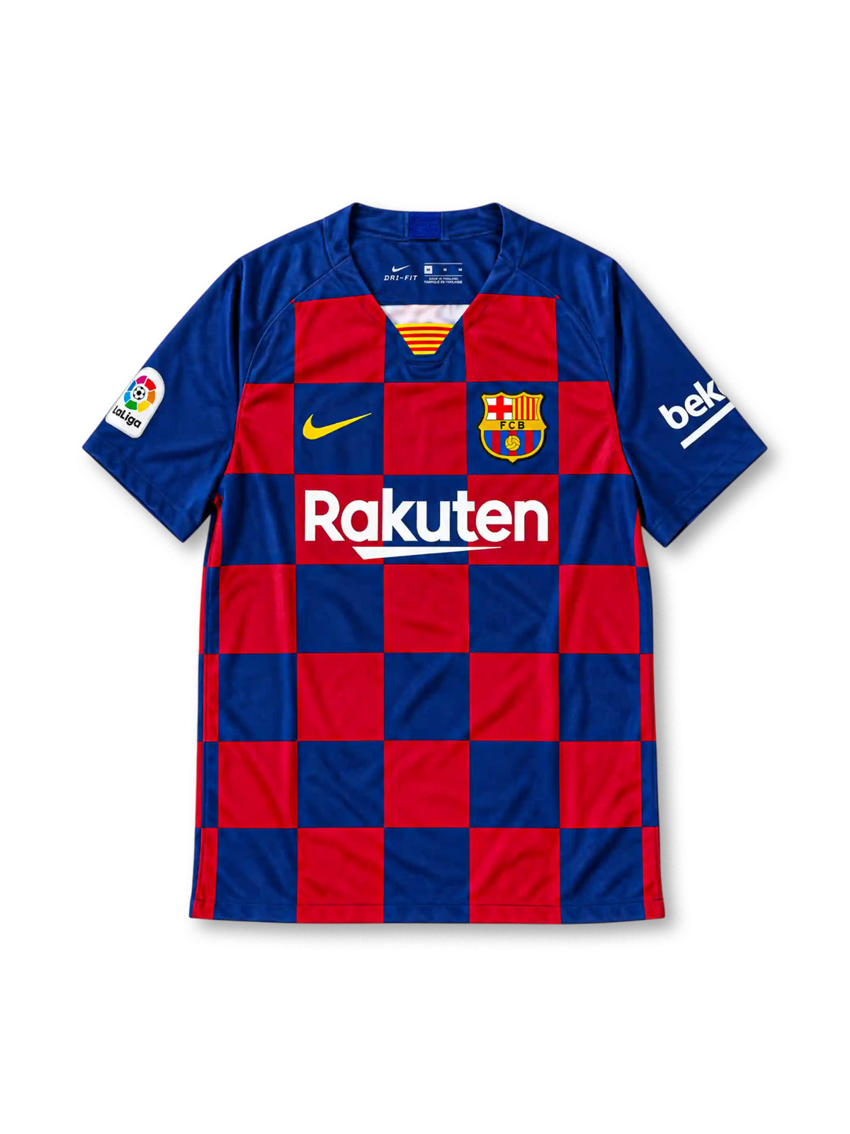 FC Barcelona 2019-20 red and blue checkerboard Nike home jersey featuring the yellow Swoosh, club crest, Rakuten front sponsor, Beko sleeve branding and La Liga patch.