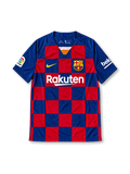 FC Barcelona 2019-20 red and blue checkerboard Nike home jersey featuring the yellow Swoosh, club crest, Rakuten front sponsor, Beko sleeve branding and La Liga patch.