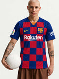 FC Barcelona 2019-20 red and blue checkerboard Nike home jersey featuring the yellow Swoosh, club crest, Rakuten front sponsor, Beko sleeve branding and La Liga patch.