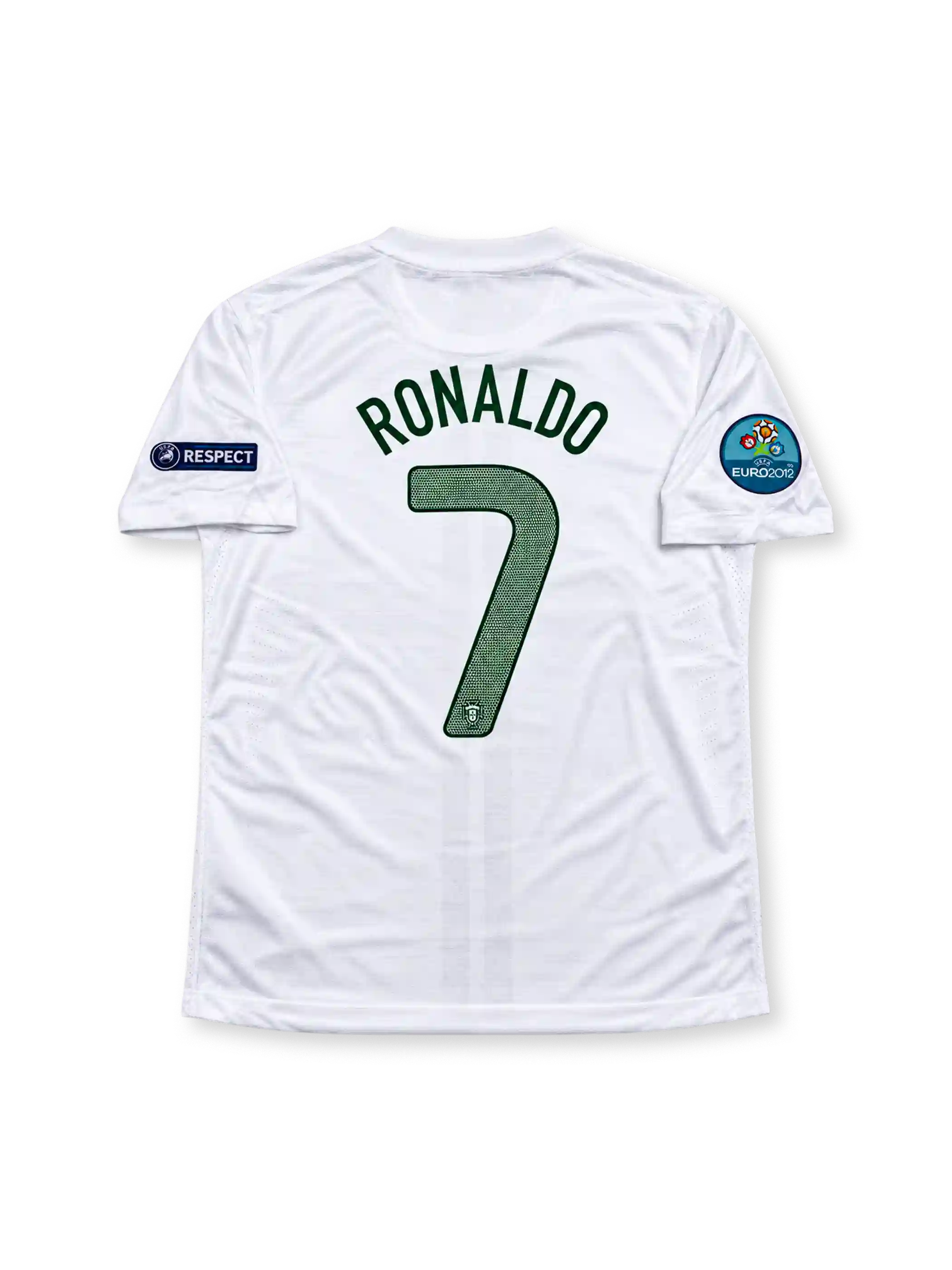 Portugal 2012 Euro away authentic jersey featuring Cristiano Ronaldo number 7, a white Nike design with a green and red cross, Portugal crest and Spain semi-final commemorative inscription.