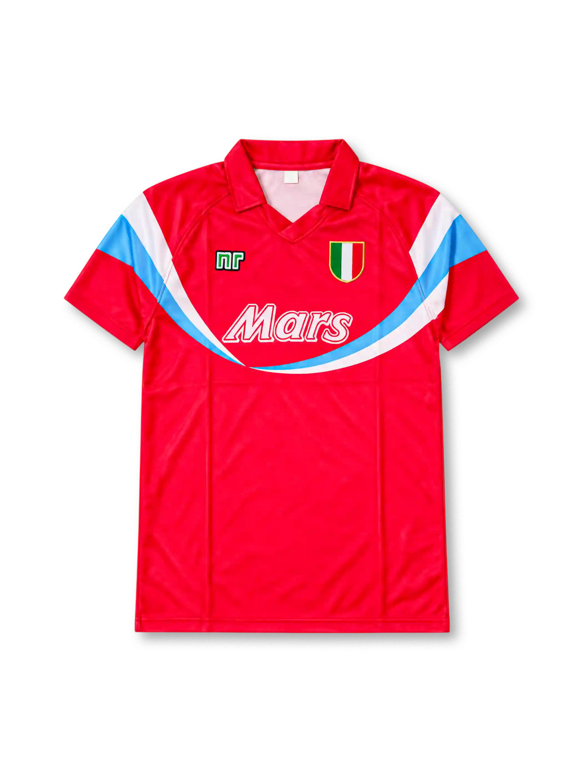 Napoli 1990-91 red third retro football jersey featuring Ennerre NR branding, Mars sponsor, Italian tricolour Scudetto shield and distinctive white and sky-blue curved graphics.