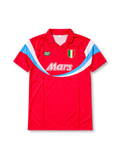 Napoli 1990-91 red third retro football jersey featuring Ennerre NR branding, Mars sponsor, Italian tricolour Scudetto shield and distinctive white and sky-blue curved graphics.