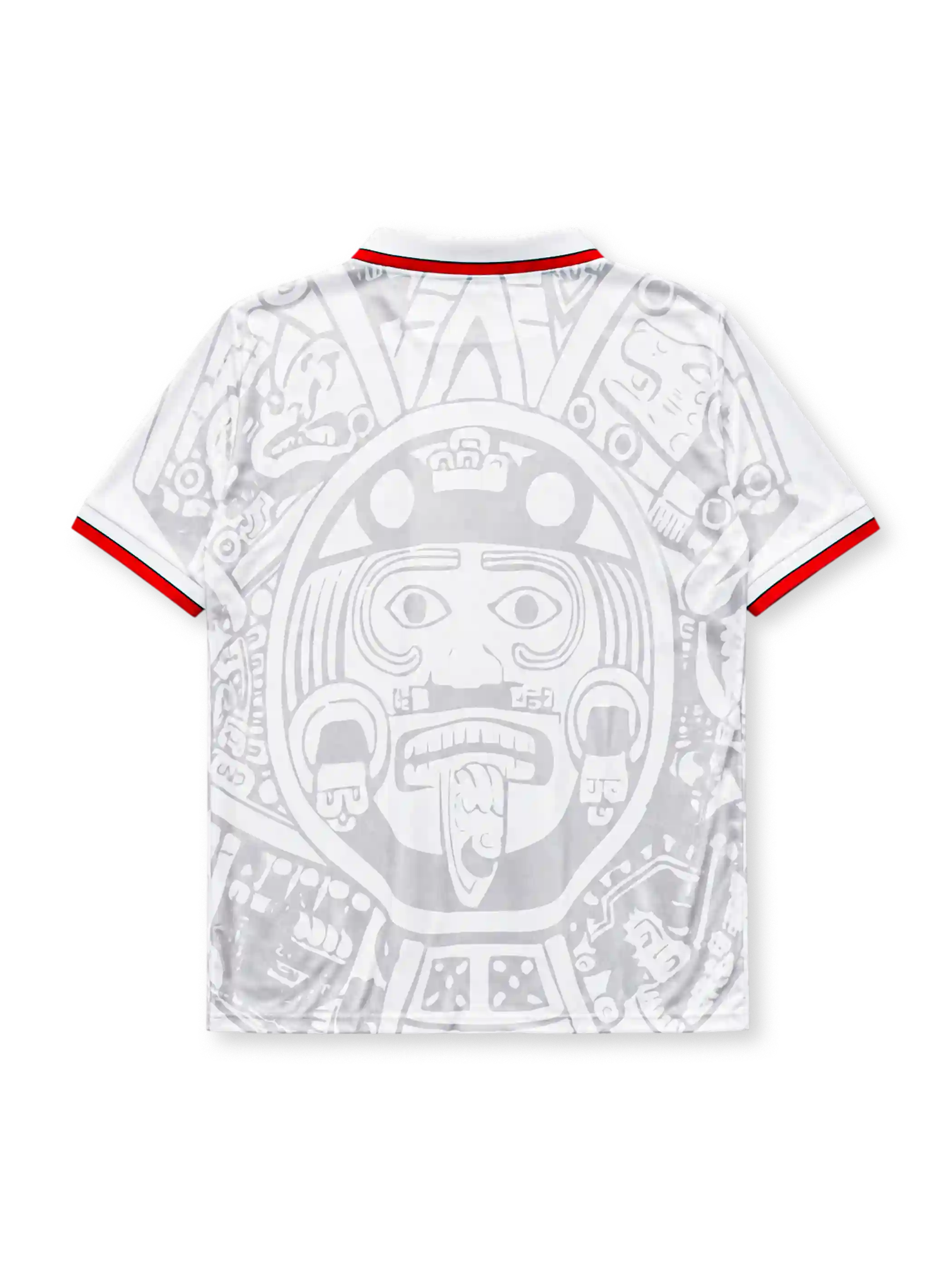 Mexico 1998 World Cup away jersey, front view, white base with grey Aztec Sun Stone print, red and black striped polo collar, ABA Sport logo, MEXICO wordmark, Mexican Football Federation crest, Copa Mundial FIFA Francia 98 lettering