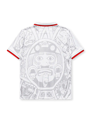 Mexico 1998 World Cup away jersey, front view, white base with grey Aztec Sun Stone print, red and black striped polo collar, ABA Sport logo, MEXICO wordmark, Mexican Football Federation crest, Copa Mundial FIFA Francia 98 lettering
