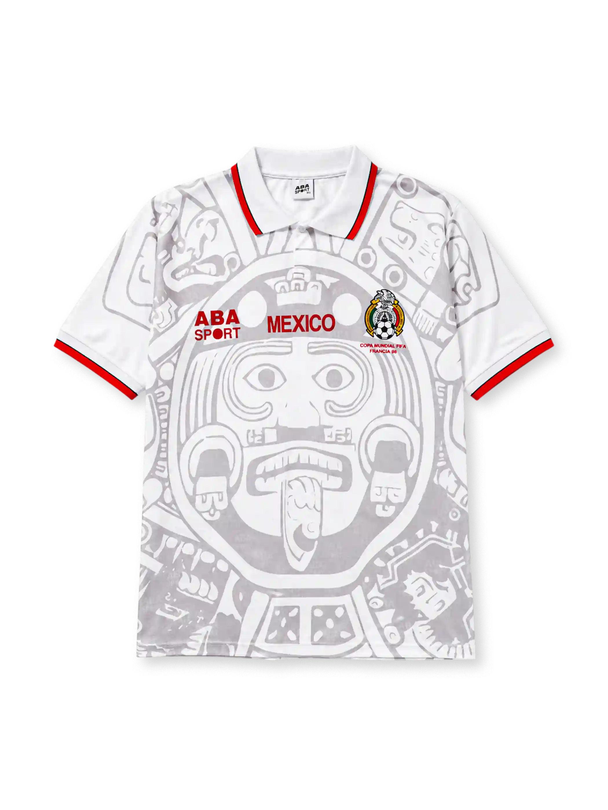 Mexico 1998 World Cup away jersey, front view, white base with grey Aztec Sun Stone print, red and black striped polo collar, ABA Sport logo, MEXICO wordmark, Mexican Football Federation crest, Copa Mundial FIFA Francia 98 lettering
