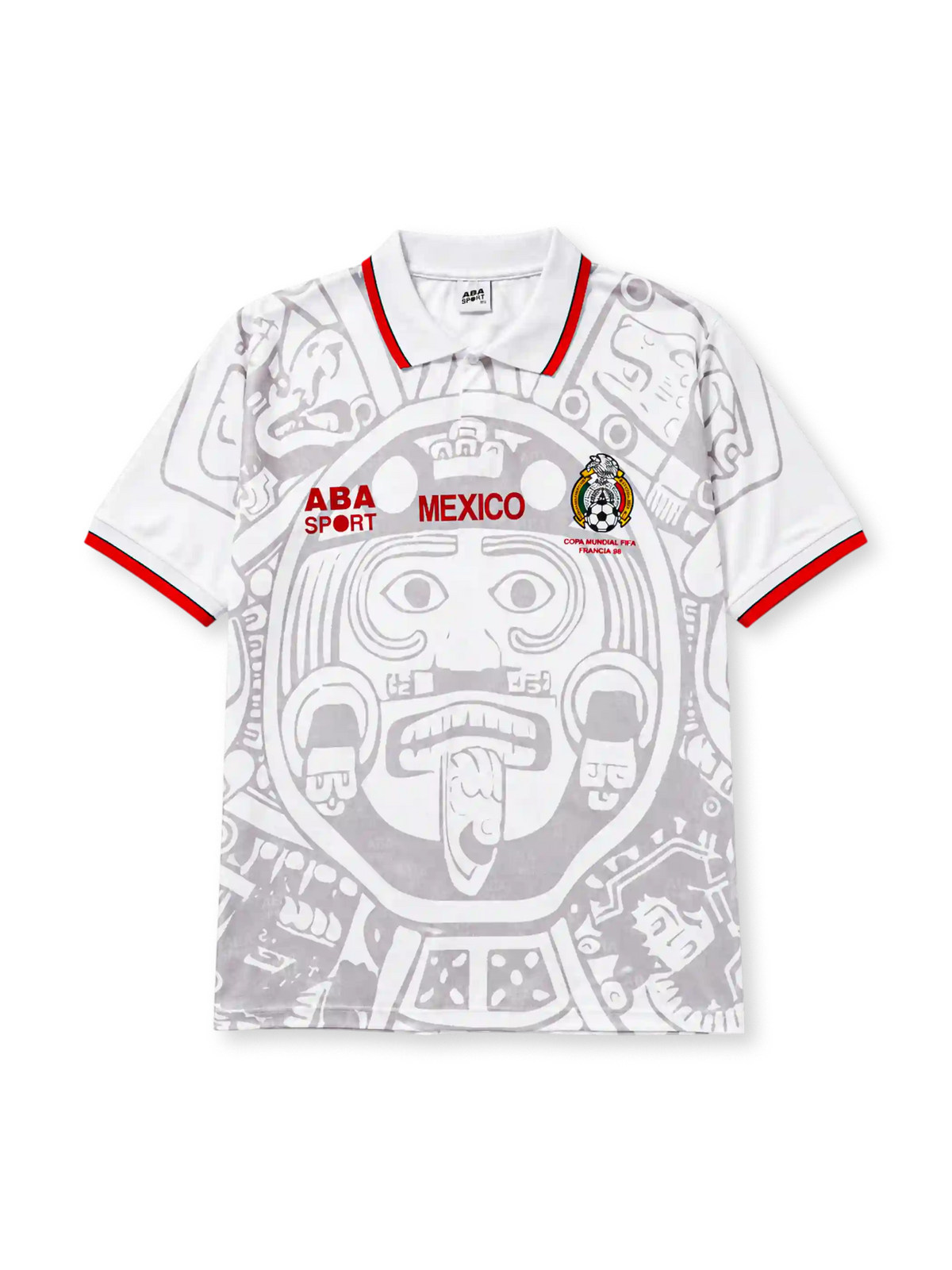 Mexico 1998 World Cup away jersey, front view, white base with grey Aztec Sun Stone print, red and black striped polo collar, ABA Sport logo, MEXICO wordmark, Mexican Football Federation crest, Copa Mundial FIFA Francia 98 lettering