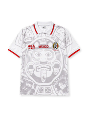 Mexico 1998 World Cup away jersey, front view, white base with grey Aztec Sun Stone print, red and black striped polo collar, ABA Sport logo, MEXICO wordmark, Mexican Football Federation crest, Copa Mundial FIFA Francia 98 lettering
