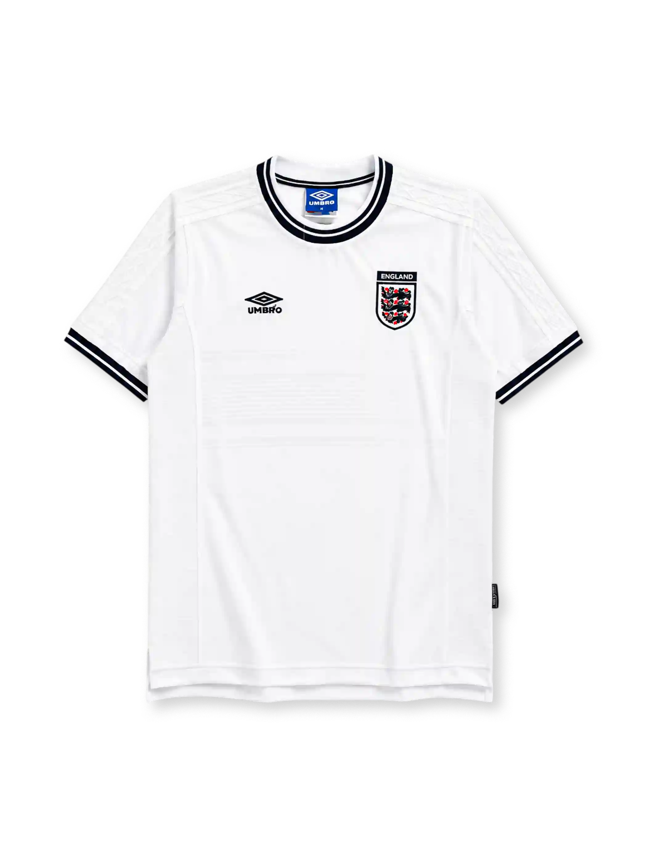 England 1999-2001 home jersey, front view, white body with subtle tonal stripe texture, black and white ribbed crew neck collar, Umbro diamond logo, England Three Lions crest with ENGLAND wordmark tab, striped cuffs