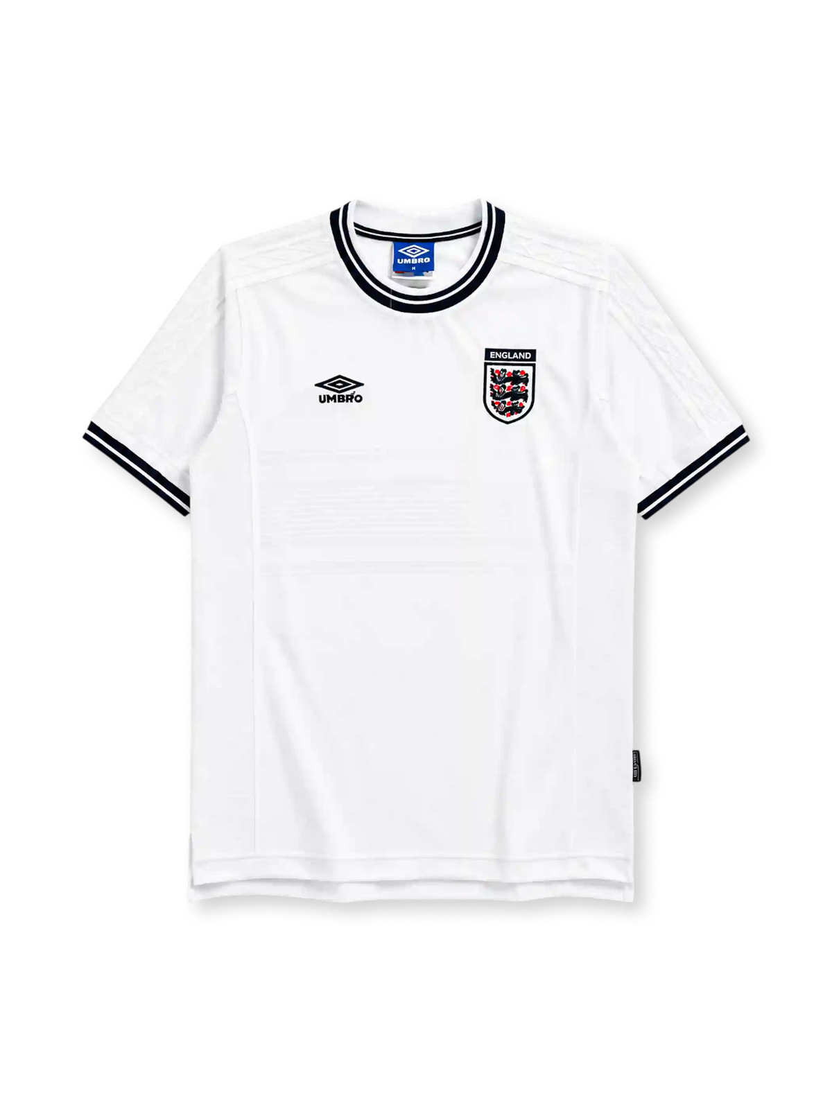 England 1999-2001 home jersey, front view, white body with subtle tonal stripe texture, black and white ribbed crew neck collar, Umbro diamond logo, England Three Lions crest with ENGLAND wordmark tab, striped cuffs