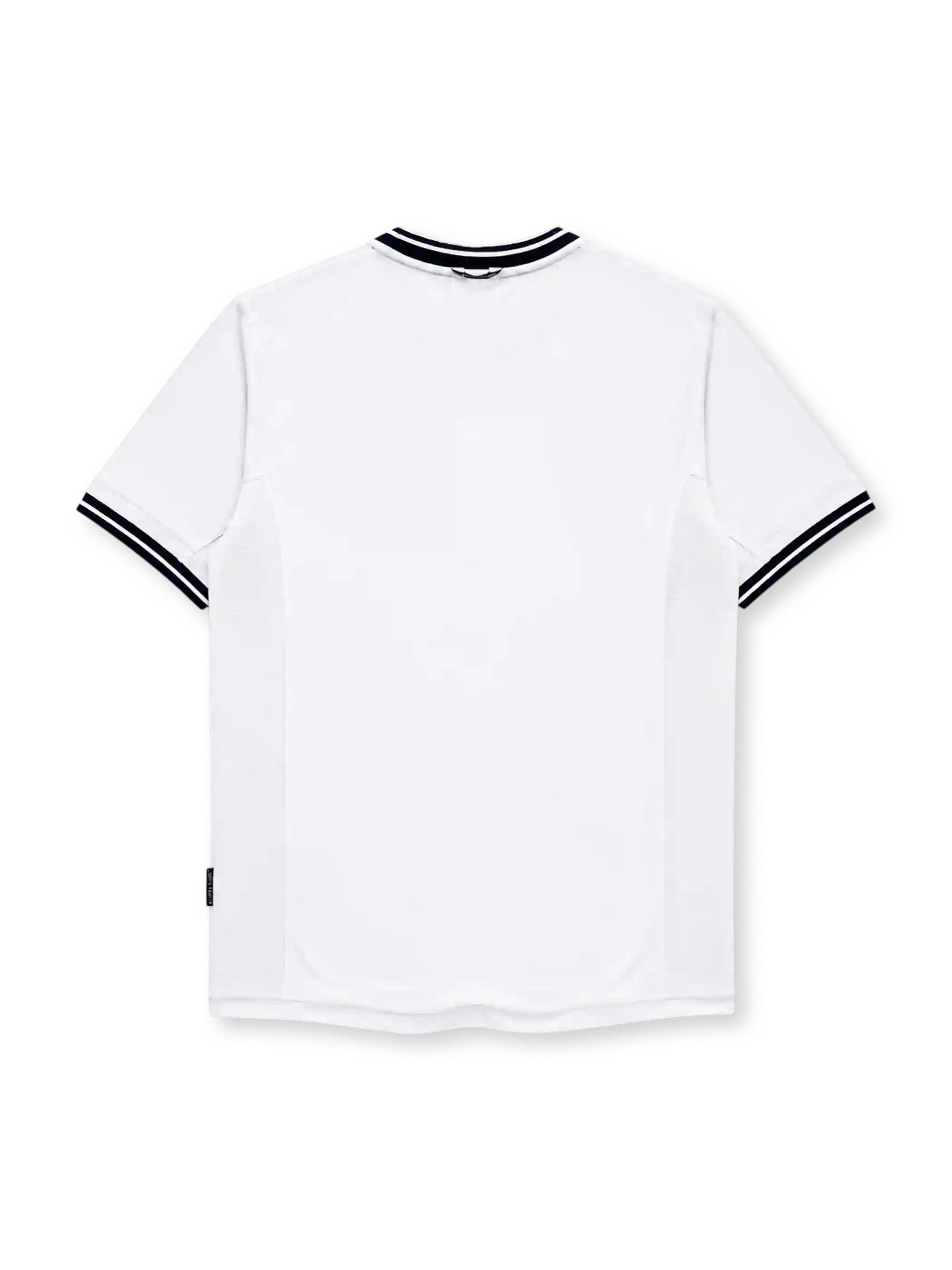 England 1999-2001 home jersey, front view, white body with subtle tonal stripe texture, black and white ribbed crew neck collar, Umbro diamond logo, England Three Lions crest with ENGLAND wordmark tab, striped cuffs