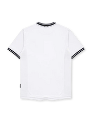 England 1999-2001 home jersey, front view, white body with subtle tonal stripe texture, black and white ribbed crew neck collar, Umbro diamond logo, England Three Lions crest with ENGLAND wordmark tab, striped cuffs