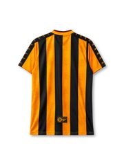 Kaizer Chiefs 1998-99 home jersey, front view, gold and black vertical stripe pattern, V-neck collar with red trim, Reebok logo, Kaizer Chiefs crest with chief-head emblem, red TOTAL sponsor logo, black shoulder panels with gold arrow trim