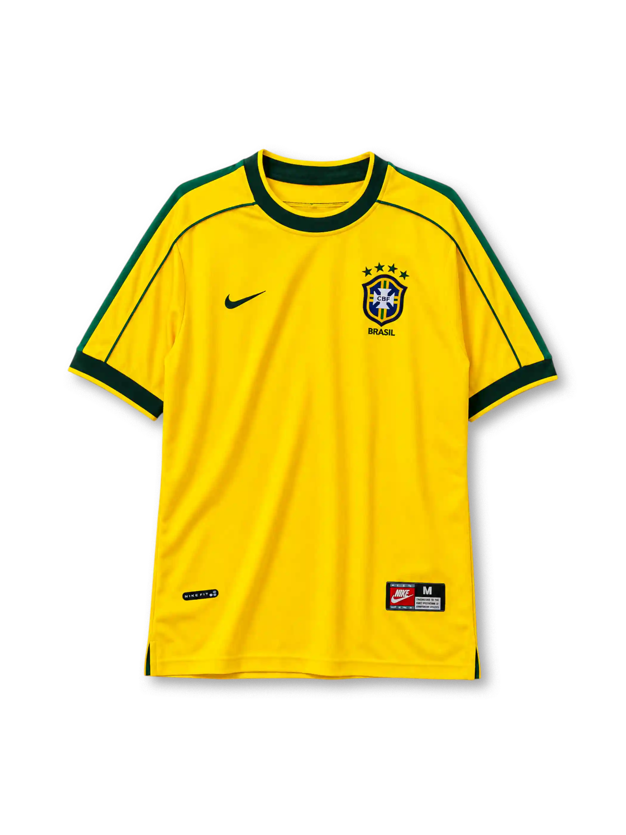 Brazil 1998 World Cup home jersey, front view, yellow body with dark green crew neck collar and cuffs, green shoulder piping, Nike swoosh, CBF crest with four gold stars, BRASIL wordmark