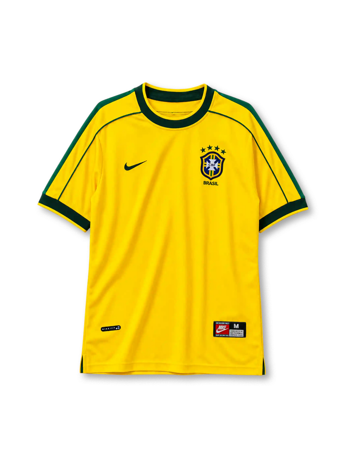 Brazil 1998 World Cup home jersey, front view, yellow body with dark green crew neck collar and cuffs, green shoulder piping, Nike swoosh, CBF crest with four gold stars, BRASIL wordmark