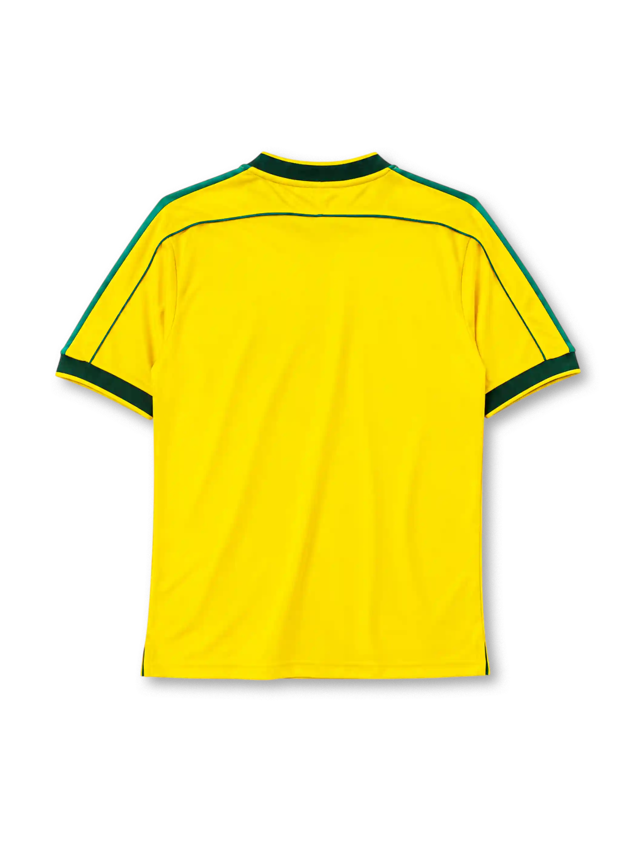 Brazil 1998 World Cup home jersey, front view, yellow body with dark green crew neck collar and cuffs, green shoulder piping, Nike swoosh, CBF crest with four gold stars, BRASIL wordmark