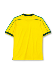 Brazil 1998 World Cup home jersey, front view, yellow body with dark green crew neck collar and cuffs, green shoulder piping, Nike swoosh, CBF crest with four gold stars, BRASIL wordmark