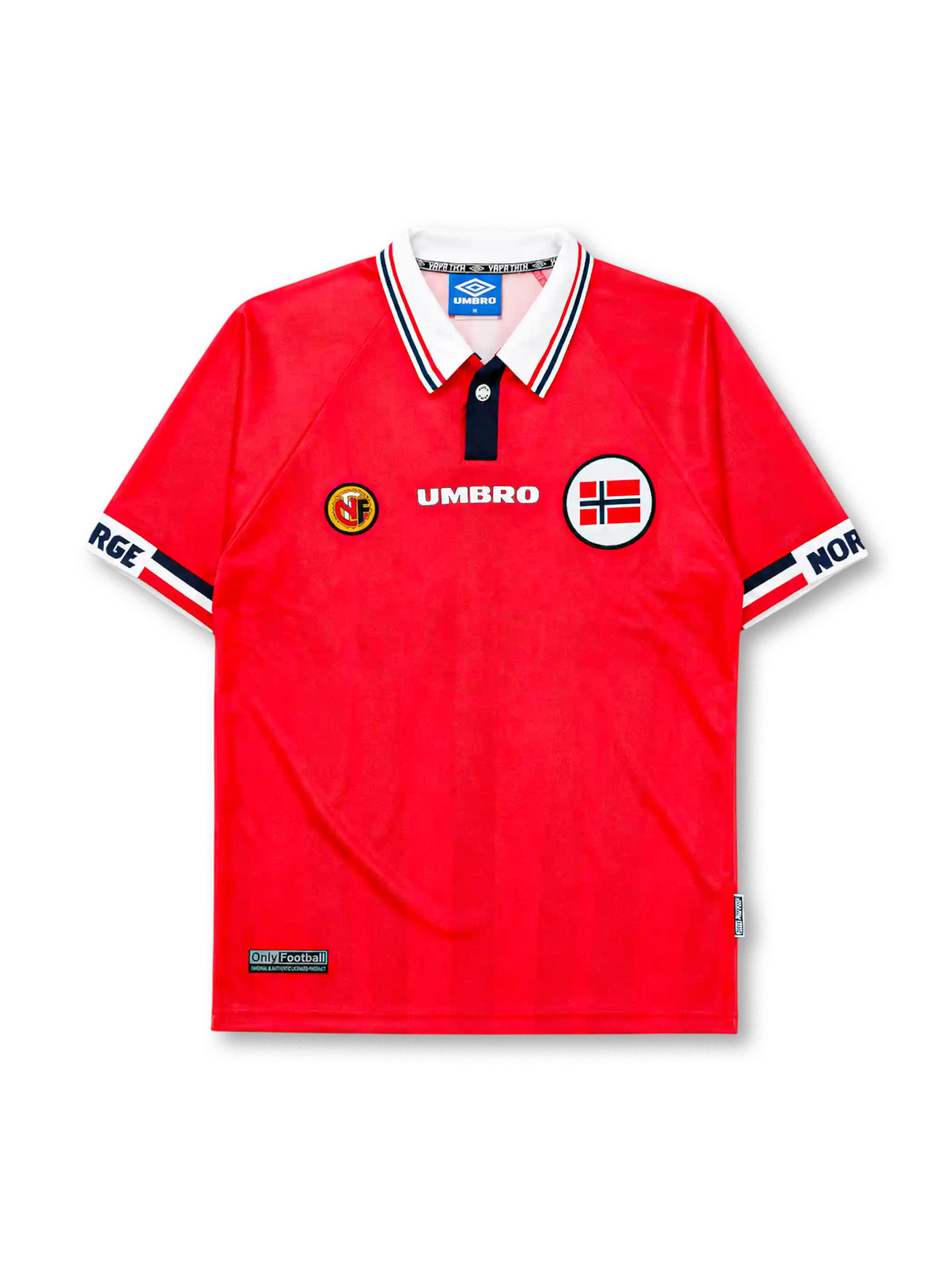 Norway 1998 World Cup home jersey, front view, red body with white and navy striped polo collar, Umbro wordmark, NFF crest, Norwegian flag emblem, NORGE lettering on sleeve cuffs