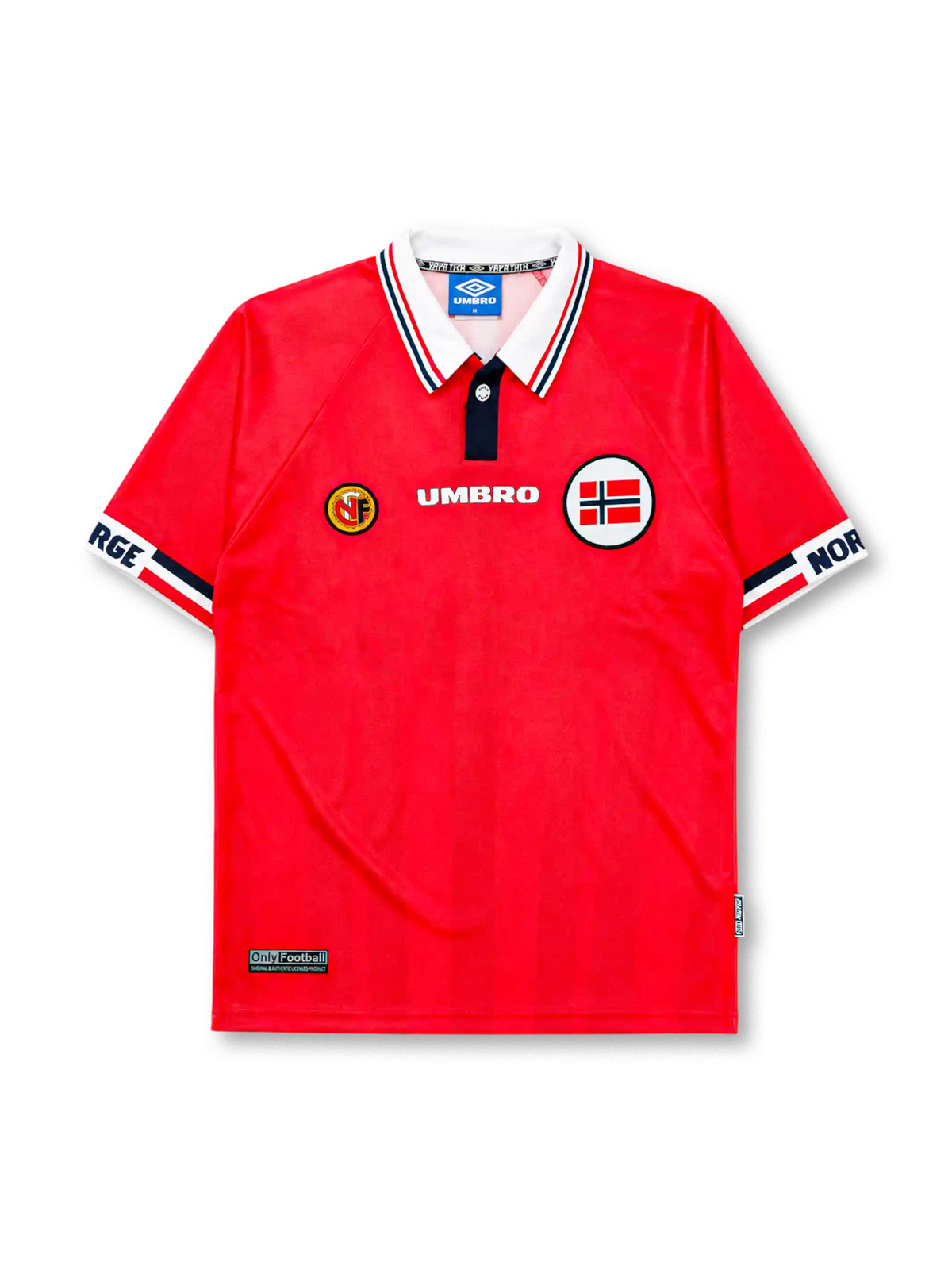 Norway 1998 World Cup home jersey, front view, red body with white and navy striped polo collar, Umbro wordmark, NFF crest, Norwegian flag emblem, NORGE lettering on sleeve cuffs