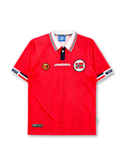 Norway 1998 World Cup home jersey, front view, red body with white and navy striped polo collar, Umbro wordmark, NFF crest, Norwegian flag emblem, NORGE lettering on sleeve cuffs